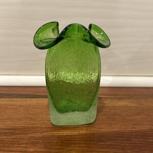 Triangle Green Vase Hand Blown Art Glass Bubbles Ruffle Top Vintage MCM